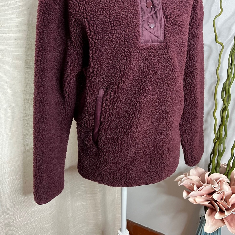 Athleta Cozy Sherpa Snap‎ Sweatshirt Oversized 466888 Maroon Women's Size Small - Picture 4 of 11